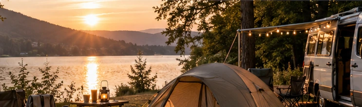Zelt und Campingbus am See im Abendlicht – KI-generiertes Campingmotiv